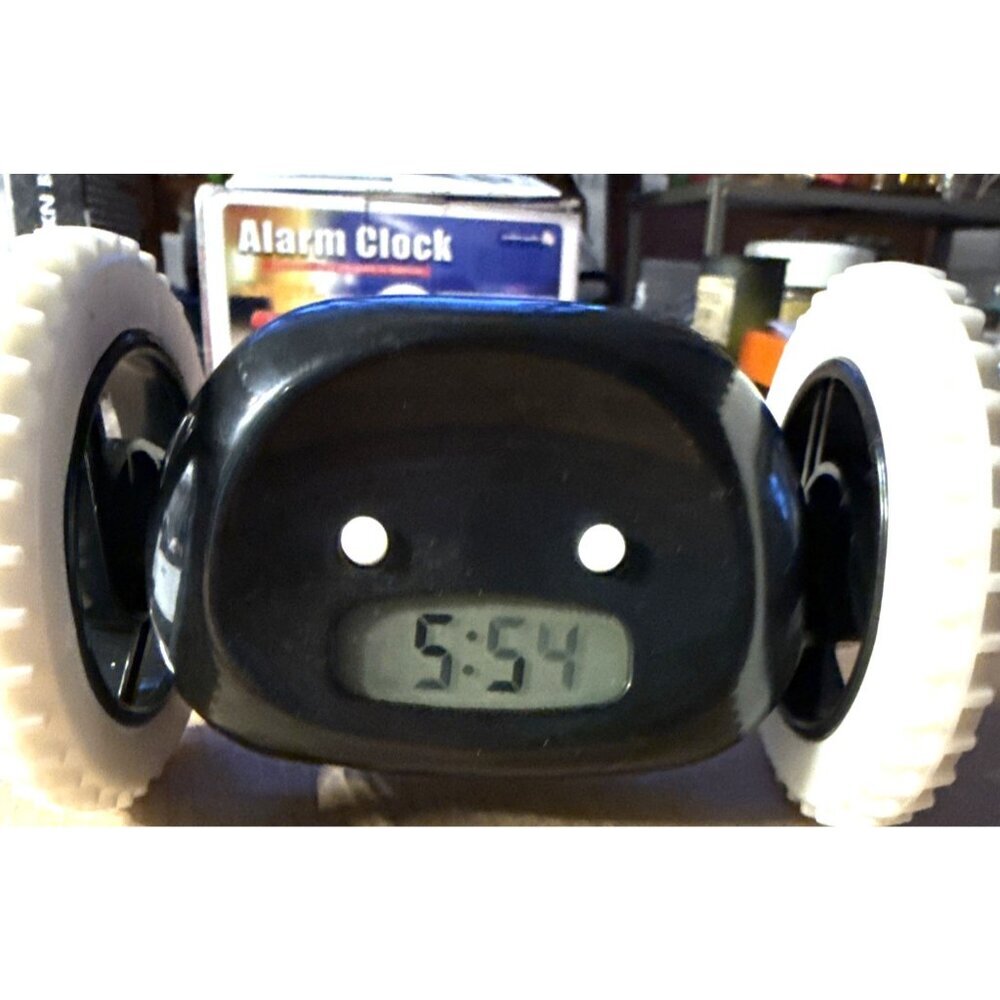 Alarm Clock on Wheels Black Runaway Lights Sounds Snooze